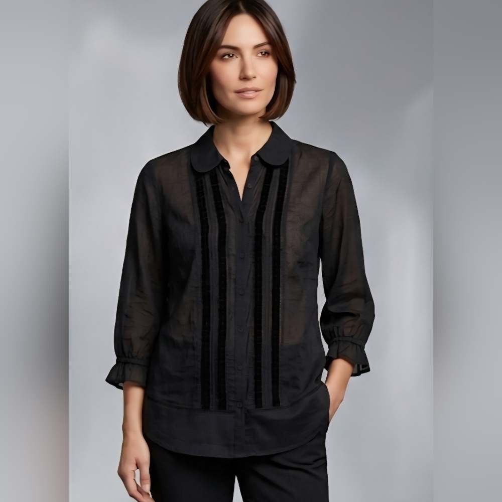 GAP Black Sheer Button-Front Blouse with Velvet Pintuck Detail